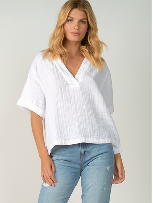 Short Sleeve White Cotton Gauze V-neck Top