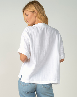 Short Sleeve White Cotton Gauze V-neck Top