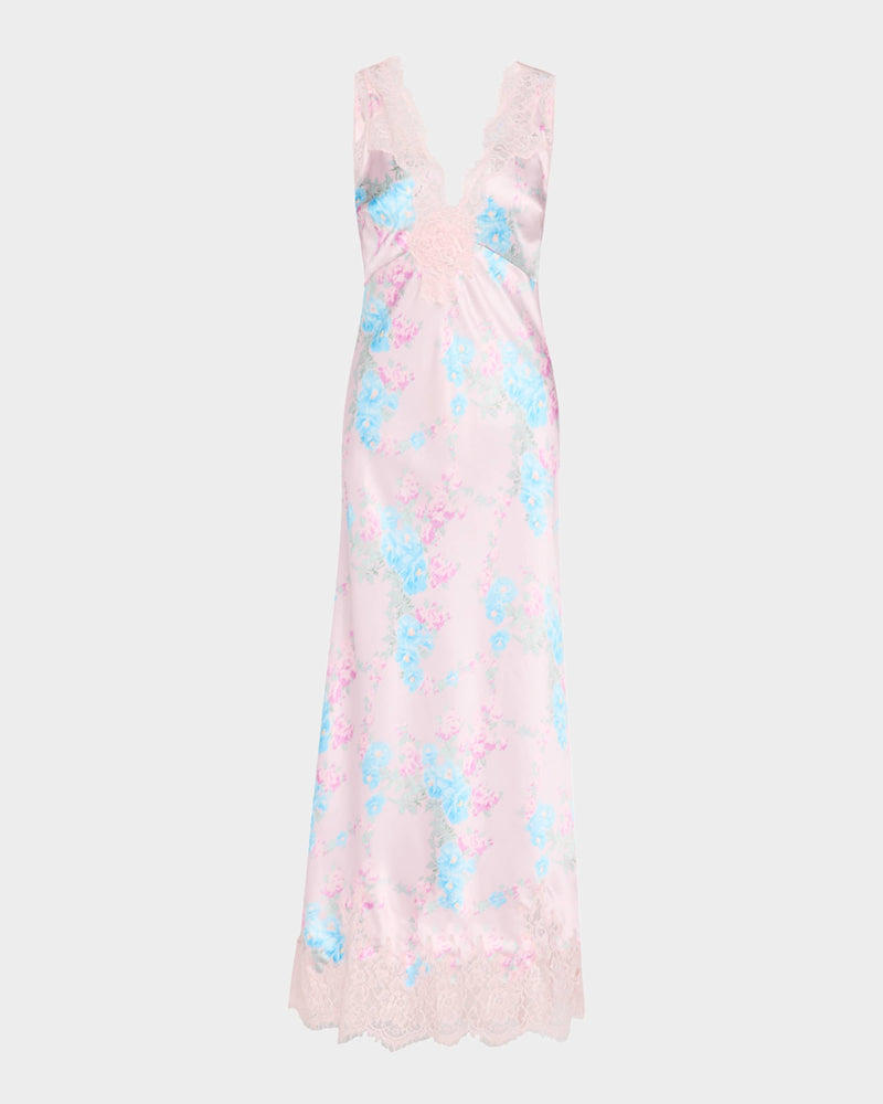 Serene Satin Lace-Trimmed Maxi Dress