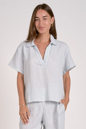 Short Sleeve White Cotton Gauze V-neck Top
