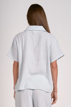 Short Sleeve White Cotton Gauze V-neck Top